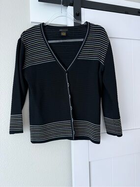 Classic Black V-Neck Button-Front Cardigan with Stripe Detail